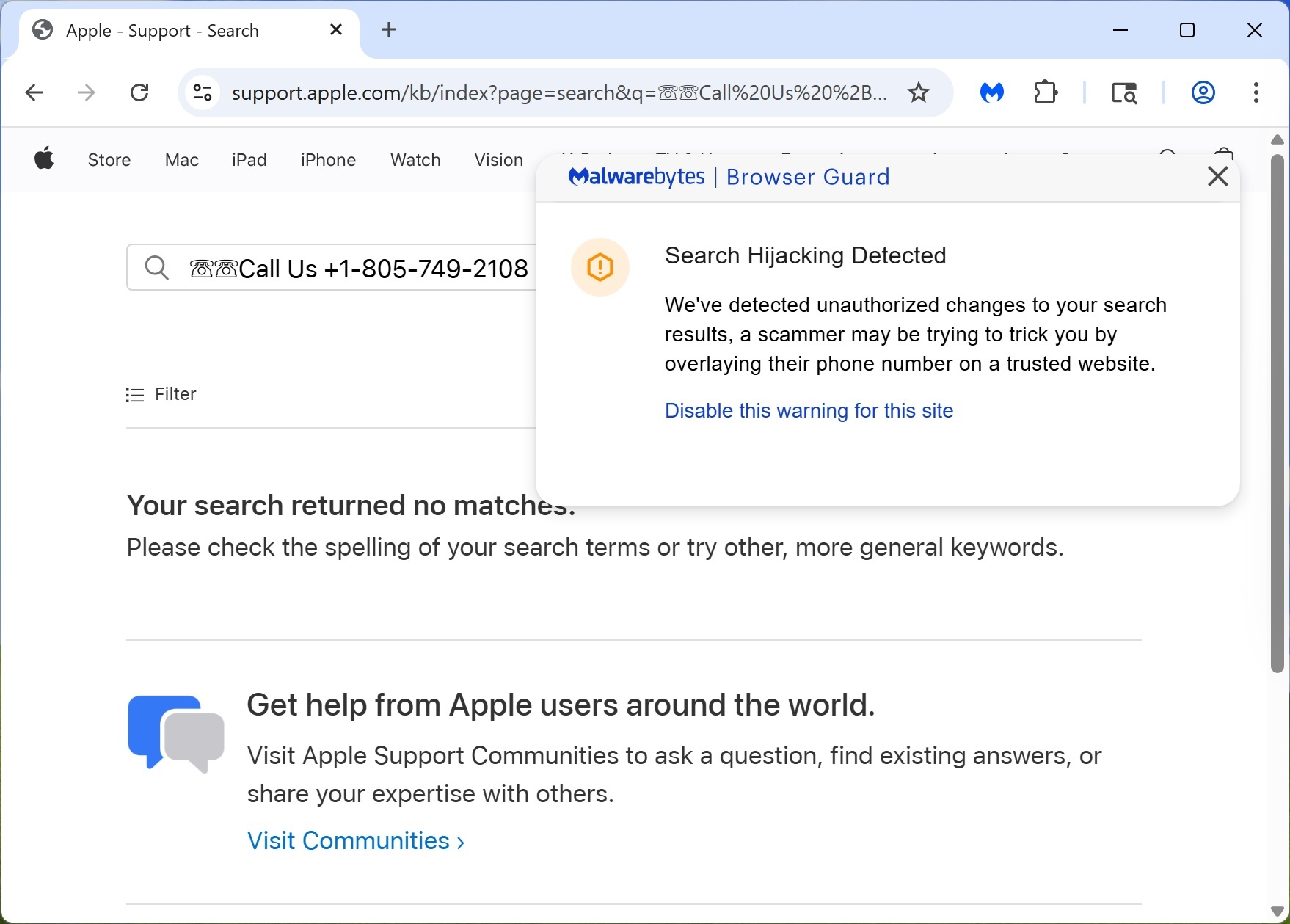 Apple Support page with scammer's phone number