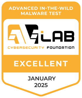 Odznaka certyfikacji AV Lab z oceną Excellent dla zaawansowanych testów złośliwego oprogramowania w 2025 r.