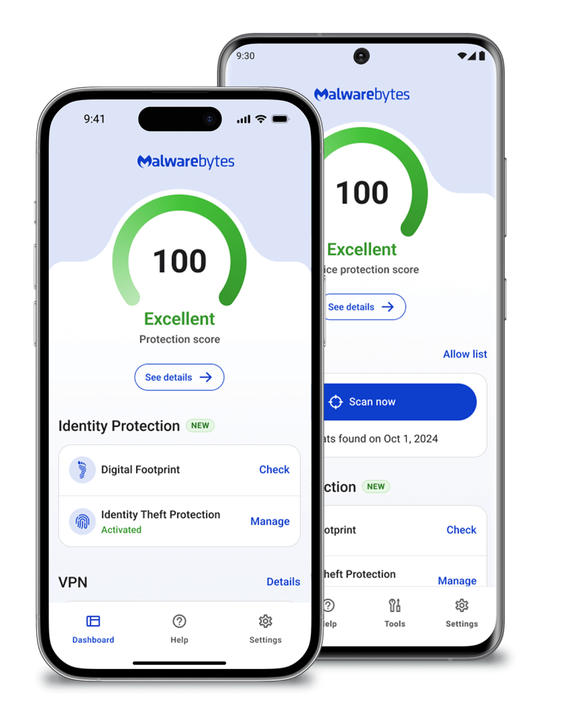 Two mobile devices showing the Malwarebytes mobile app on the screen.