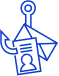blue outline icon of a fishing hook with personal identification cards snagged on it